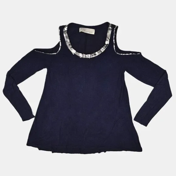 Vintage Havana Distressed Silver Trim Cold Shoulder Tunic Top Size S Y2K Flowy - Picture 1 of 9